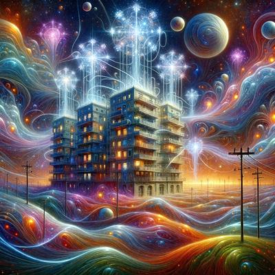 The primary subject of the image is a large building with many windows, situated in a vibrant and colorful environment. The building is surrounded by a variety of colorful elements, including a rainbow and a galaxy. The setting appears to be a futuristic cityscape, with the building towering over the surrounding landscape. The visual style of the image is a combination of digital art and illustration, creating a unique and captivating scene. The colors and mood of the image are lively and energetic,